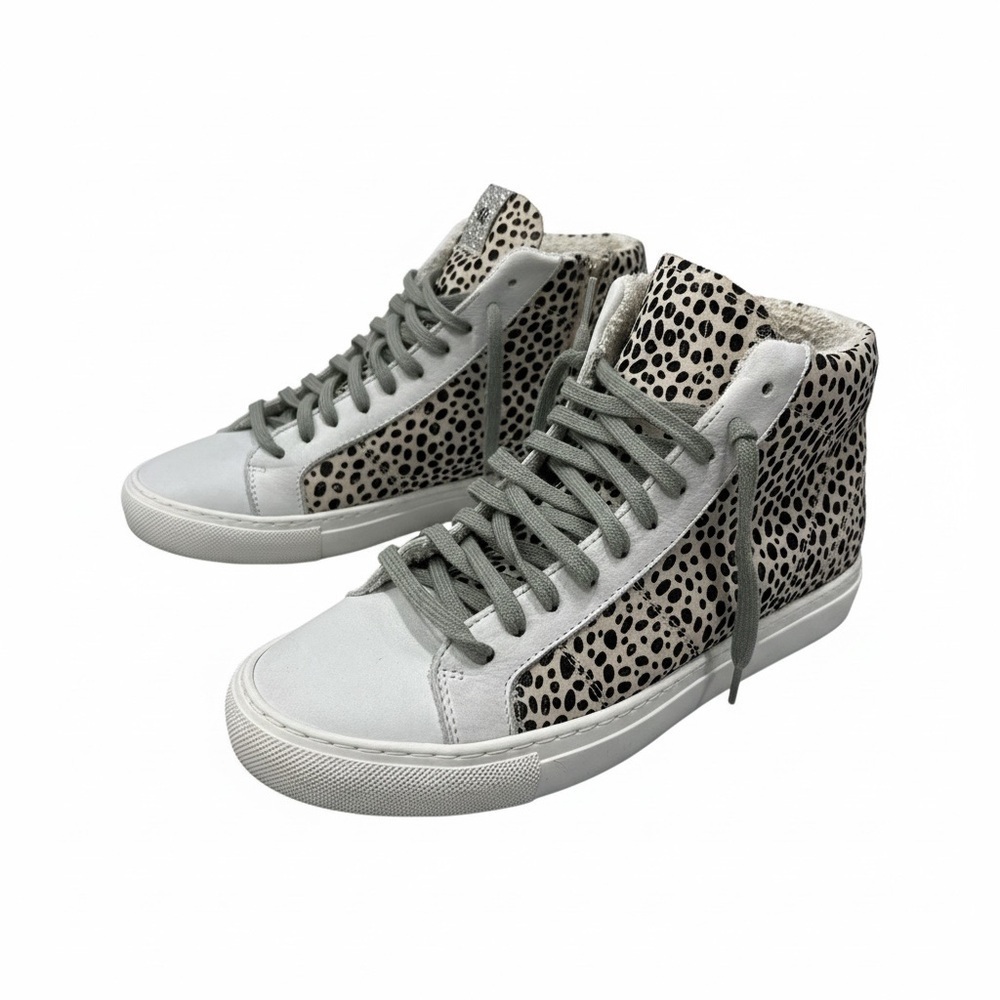 P448 Women’s EU 38-US 8 Leopard Dot High Top Leather Lace Up Sneakers Glitter